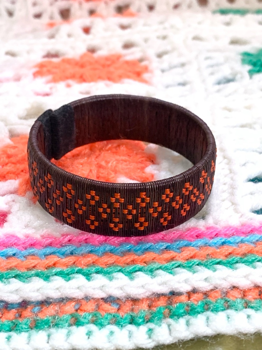 Vintage MCM Brown & Orange Braided Wood Cuff Bracelet